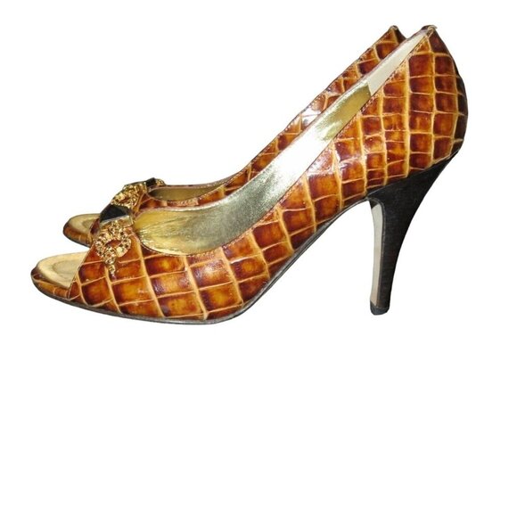 Giuseppe Zanotti Brown Croc Embossed Italian Leather Peep Toe Pumps 37.5 or 7.5 - Picture 1 of 13
